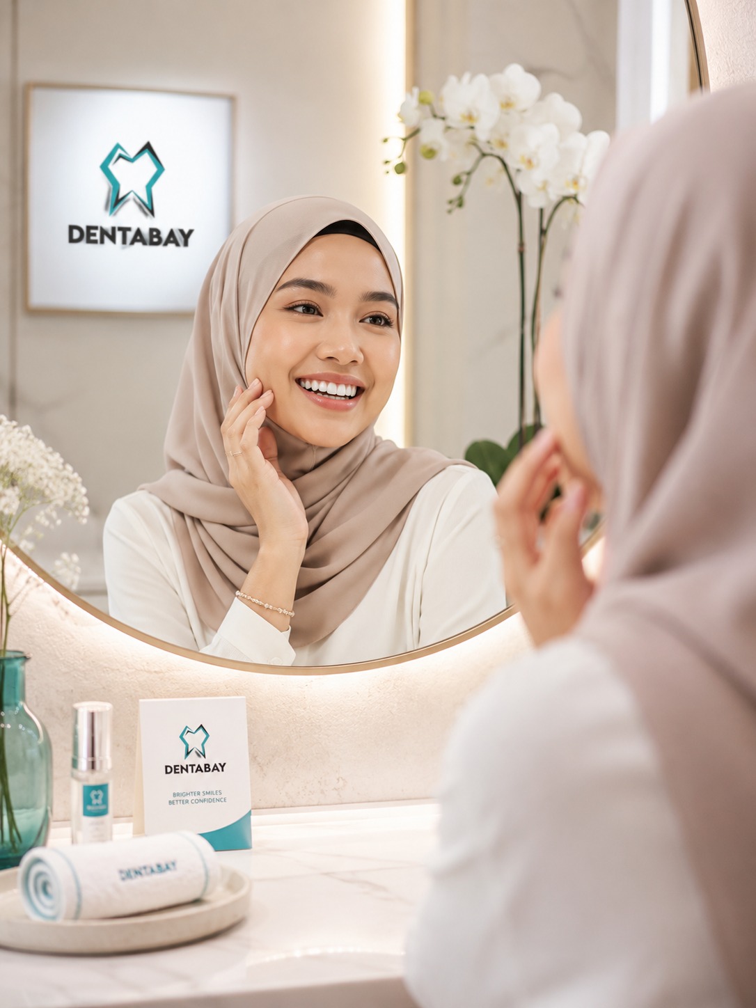 Patient checking her brighter smile in the mirror